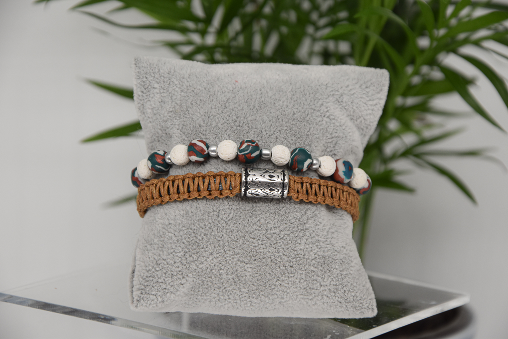 bracelet double réglable macramé perles t 18.5 à 22 cm kaki orange ou bleu canard marbré blanc rouille